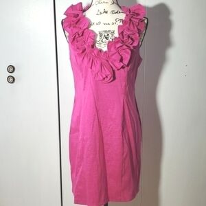 S.L Fashions| Vibrant Pink Ruffle Halter Neckline Midi Dress Artsy Mod Sz.12